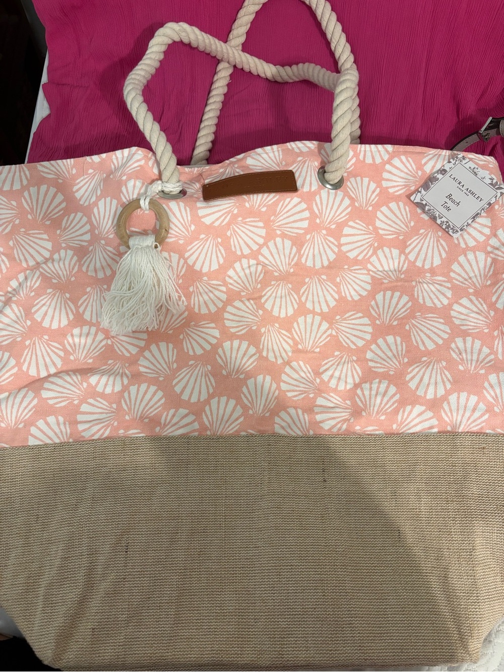 LAURA ASHLEYBeach Tote Bag in Coral Shell Print with Rope Handles